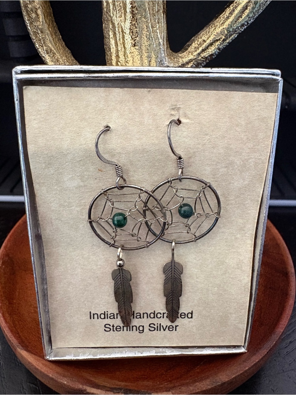 Sterling Silver Dreamcatcher Earrings with Green Stone